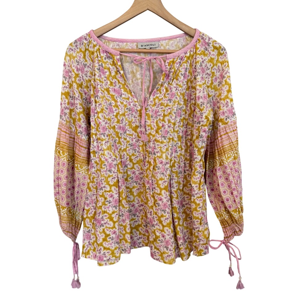 D'Ascoli Blouse Large Pink Yellow Floral Pleated Tassel Boho Peasant Top